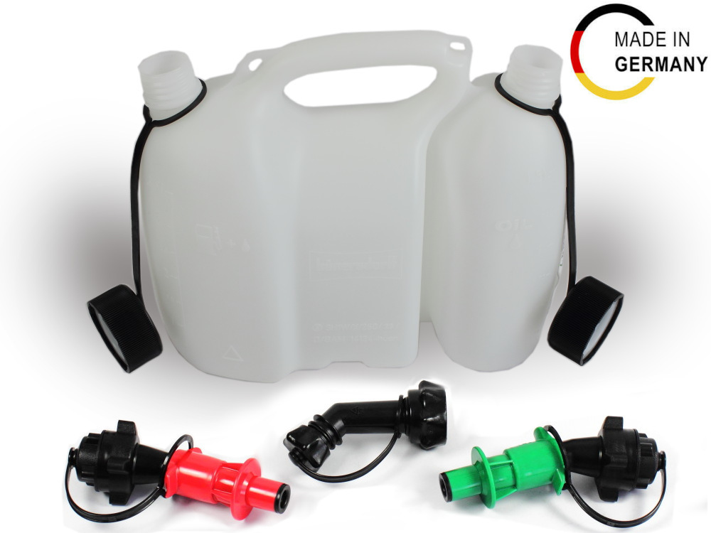 Doppelkanister transparent 3+1,5 Liter inkl. 1 Ausgiesser und 2x  Sicherheits-Einfüllsysteme (grün + rot) : : Auto & Motorrad